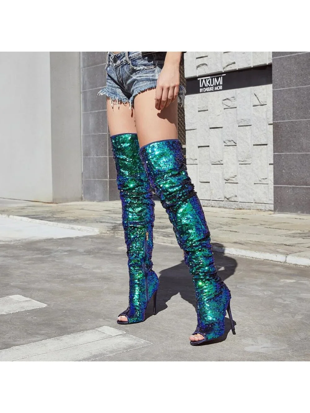 Women's Blue Leather Sparkly Peep Toe Stiletto Heel Thigh High Boots